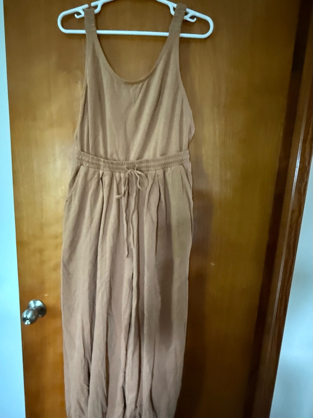 Sleeveless Drawstring Jumpsuit in Camel/Tan